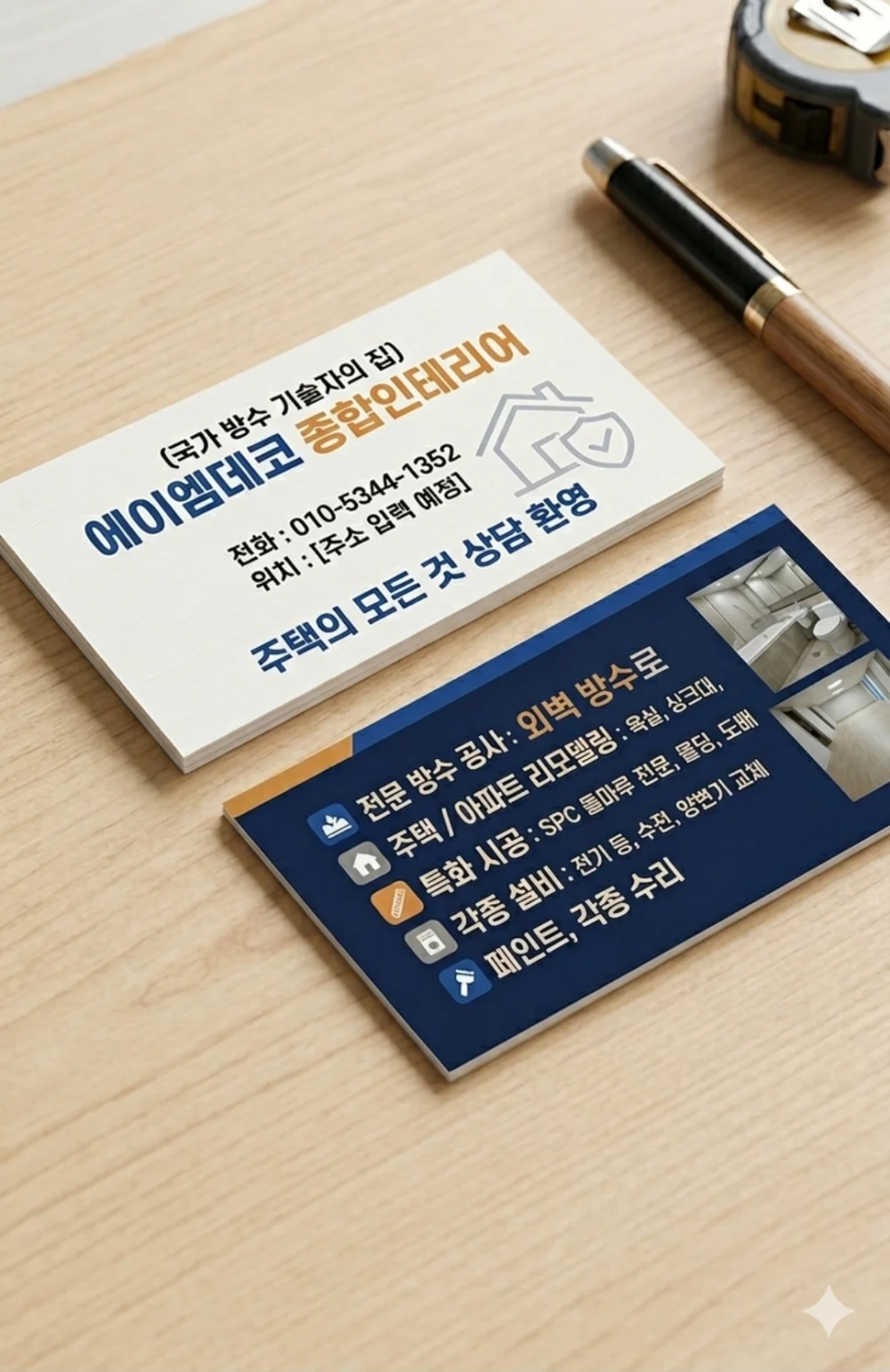 에이엠데코 종합인테리어 명함 — 국가 방수 기술자의 집