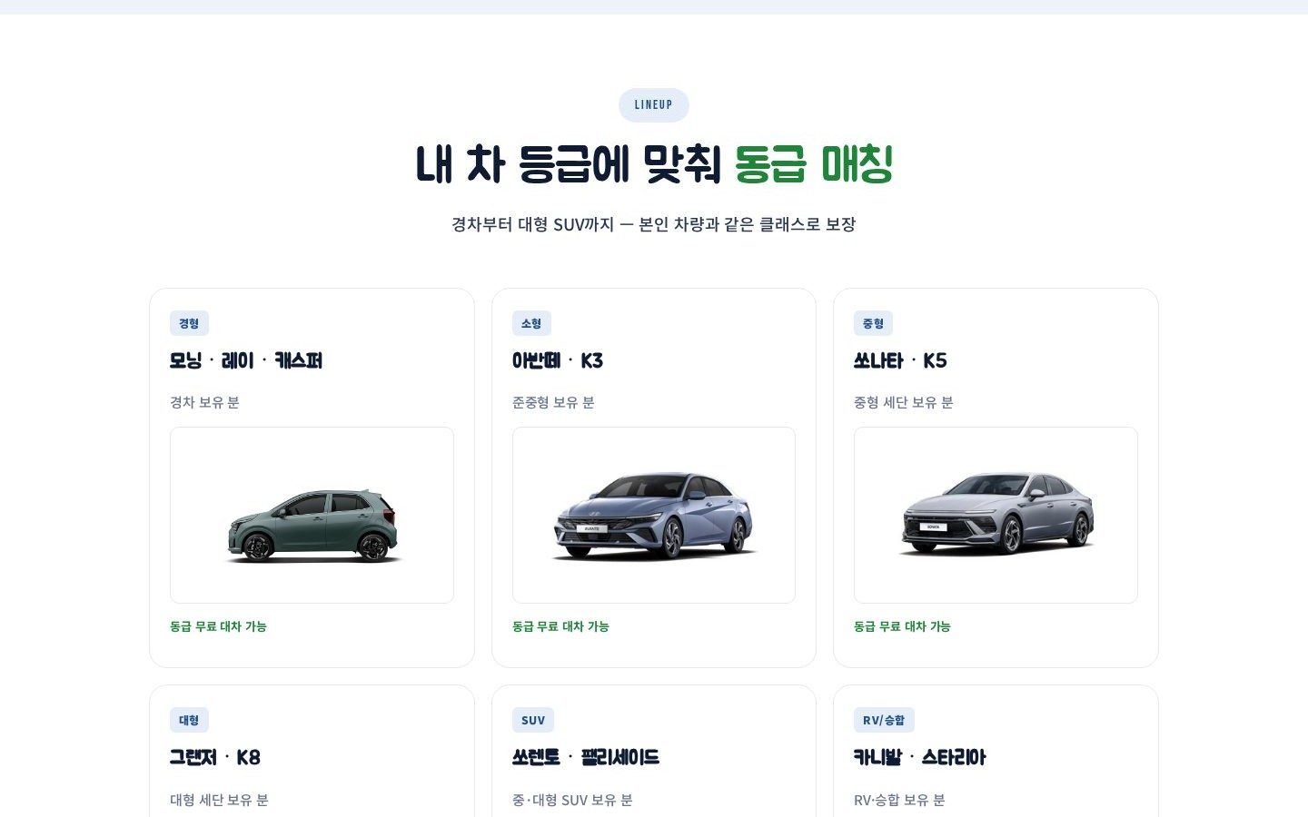 등급별 차량 라인업 — 동급 매칭