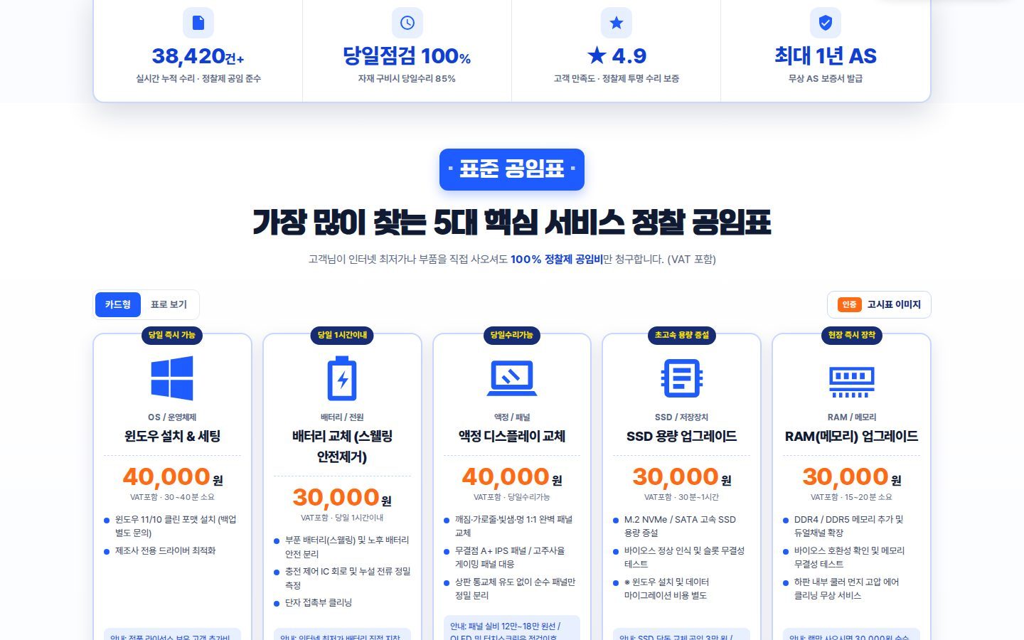 표준 공임표 — 5대 핵심 서비스 정찰 가격