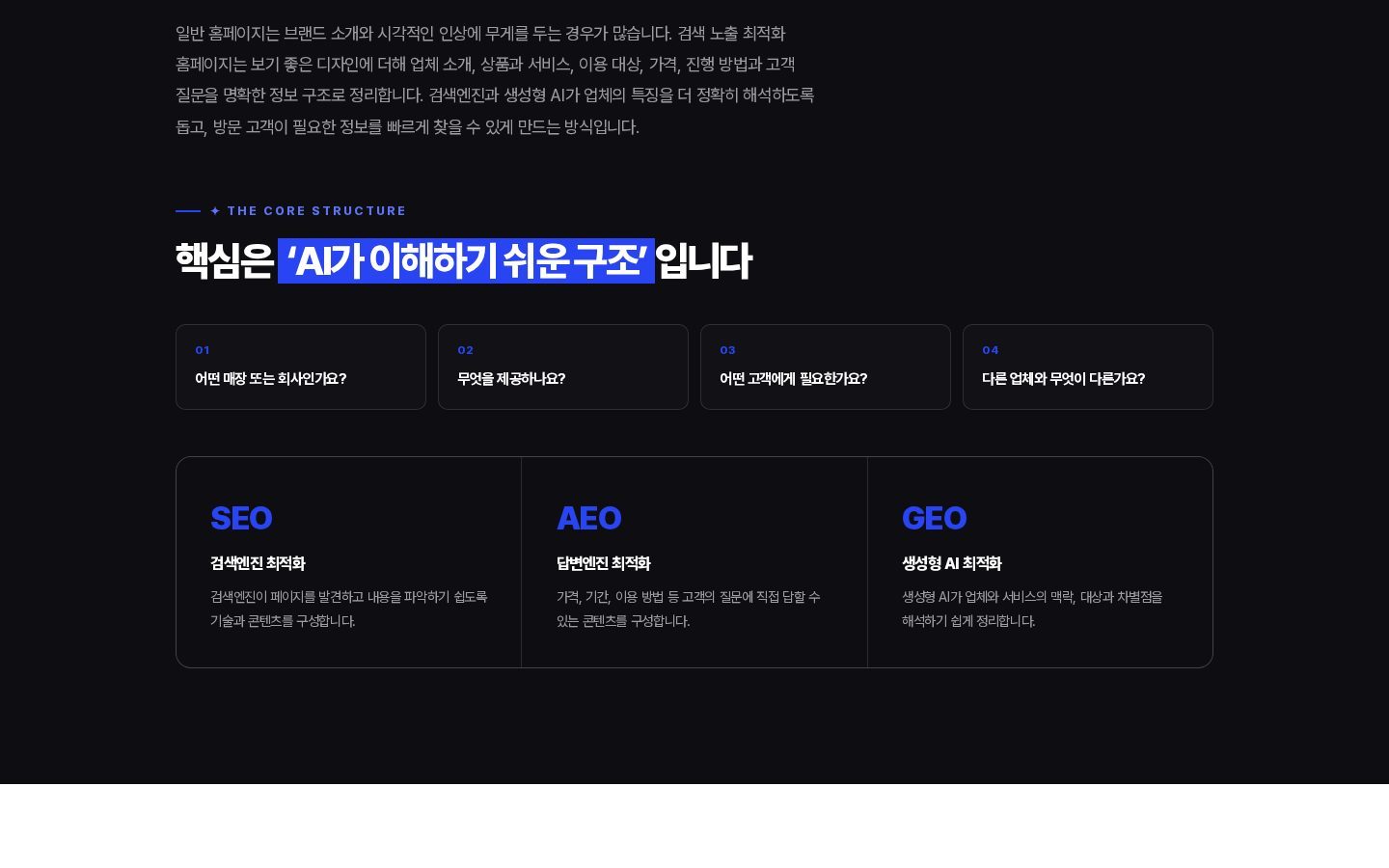 핵심 구조 — SEO·AEO·GEO